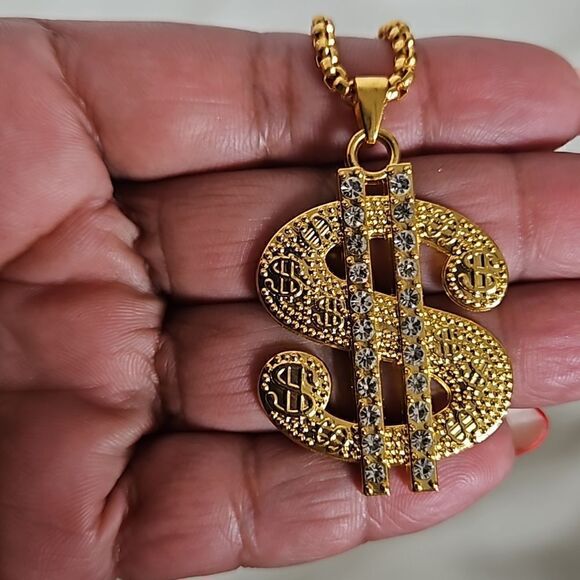 Men's Gold Plated Dollar Sign Pendant Chain 13" - Picture 10 of 16